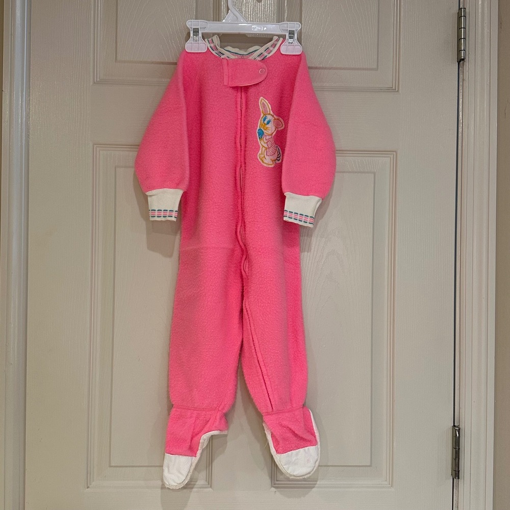 Vintage Neon Pink Fleece Footed Sleeper Pajamas Bunny Embroidery Kids Size M/2T